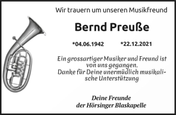 Traueranzeige von Bernd Preuße  von Magdeburger Volksstimme