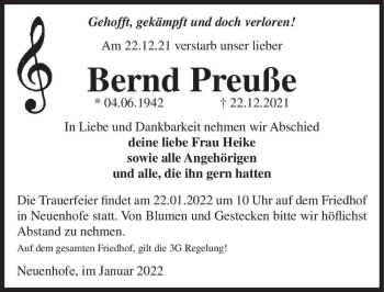 Traueranzeige von Bernd Preuße  von Magdeburger Volksstimme