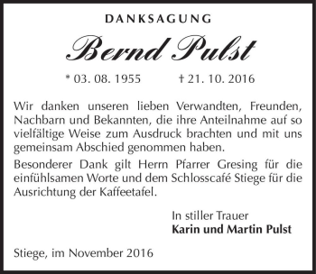 Traueranzeige von Bernd Pulst  von Magdeburger Volksstimme
