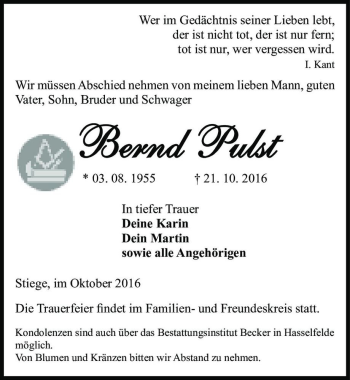 Traueranzeige von Bernd Pulst  von Magdeburger Volksstimme