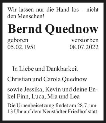 Traueranzeige von Bernd Quednow  von Magdeburger Volksstimme
