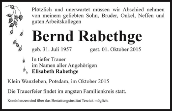 Traueranzeige von Bernd Rabethge  von Magdeburger Volksstimme