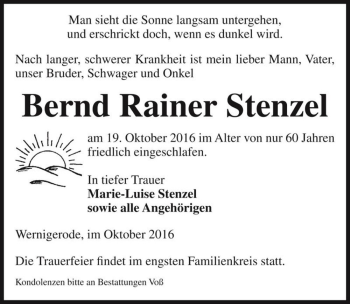 Traueranzeige von Bernd Rainer Stenzel  von Magdeburger Volksstimme