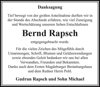 Traueranzeige von Bernd Rapsch  von Magdeburger Volksstimme
