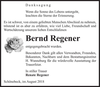 Traueranzeige von Bernd Regener  von Magdeburger Volksstimme