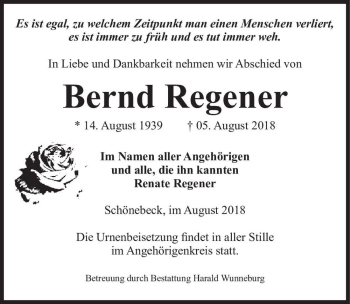 Traueranzeige von Bernd Regener  von Magdeburger Volksstimme