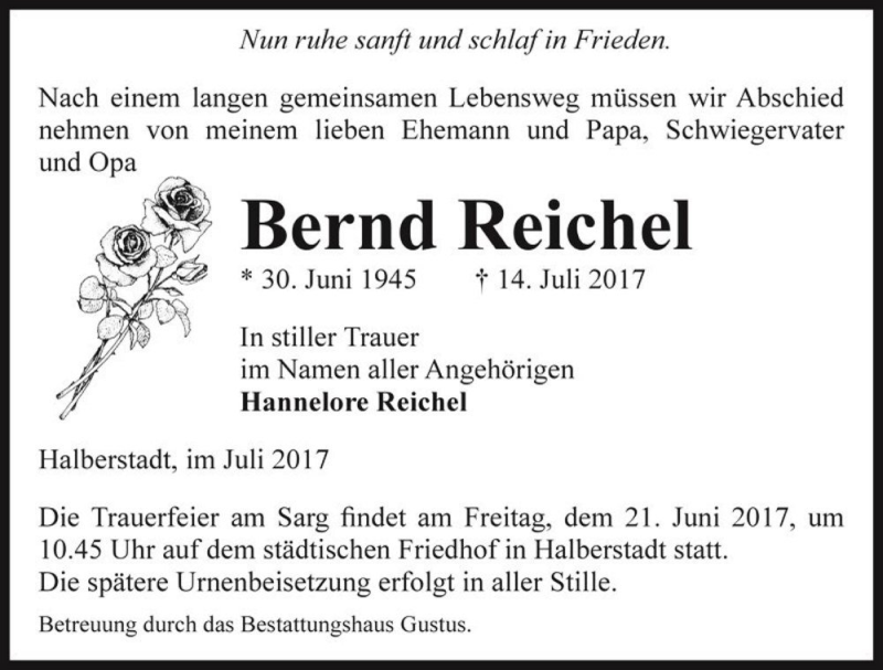  Traueranzeige für Bernd Reichel  vom 19.07.2017 aus Magdeburger Volksstimme
