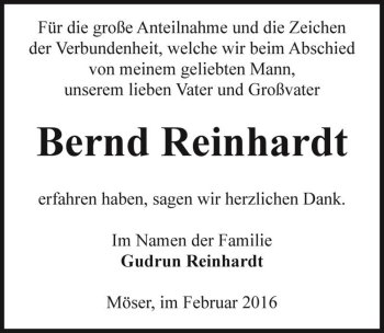 Traueranzeige von Bernd Reinhardt  von Magdeburger Volksstimme