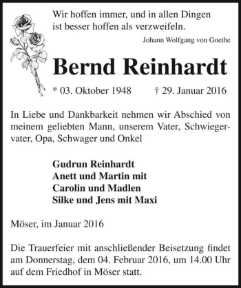 Traueranzeige von Bernd Reinhardt  von Magdeburger Volksstimme
