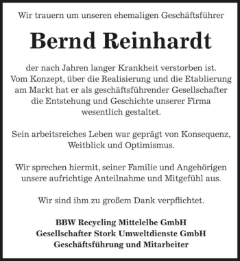 Traueranzeige von Bernd Reinhardt  von Magdeburger Volksstimme
