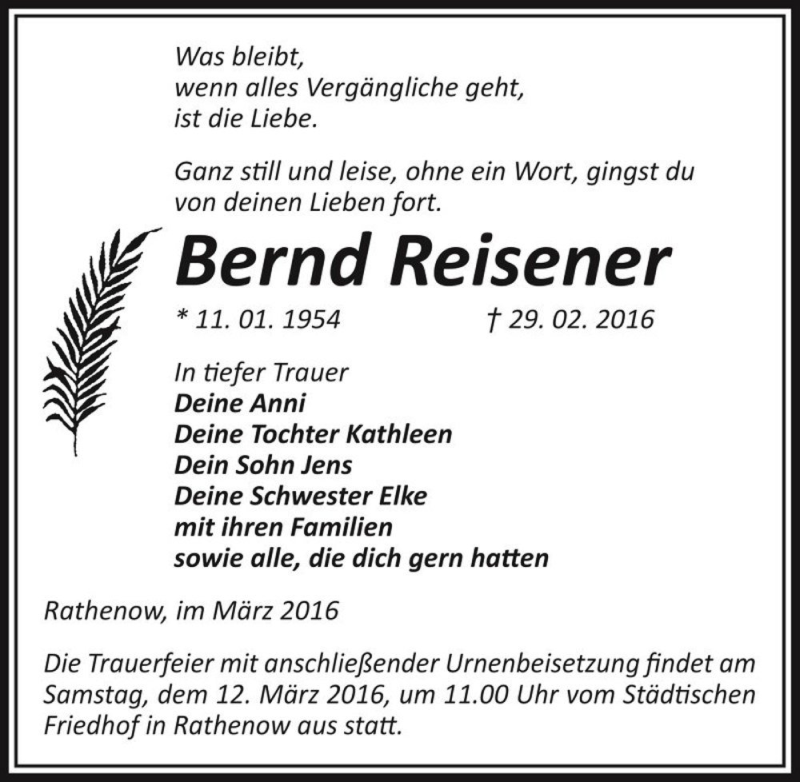  Traueranzeige für Bernd Reisener  vom 05.03.2016 aus Magdeburger Volksstimme