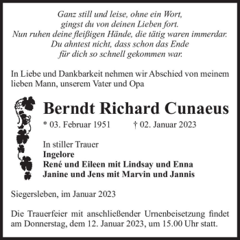 Traueranzeige von Bernd Richard Cunaeus  von Magdeburger Volksstimme