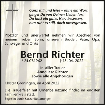 Traueranzeige von Bernd Richter  von Magdeburger Volksstimme