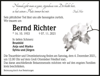 Traueranzeige von Bernd Richter  von Magdeburger Volksstimme