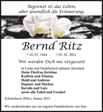 Traueranzeige von Bernd Ritz  von Magdeburger Volksstimme