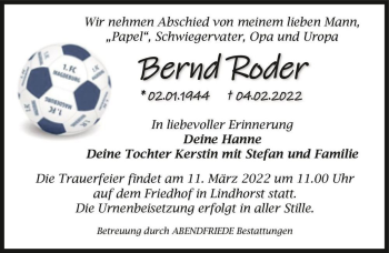 Traueranzeige von Bernd Roder  von Magdeburger Volksstimme