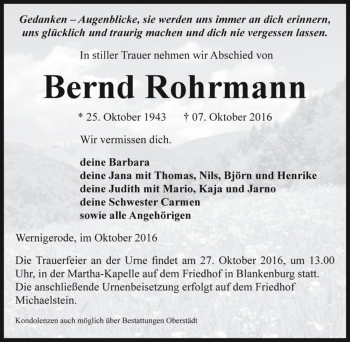 Traueranzeige von Bernd Rohrmann  von Magdeburger Volksstimme