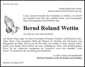 Traueranzeige von Bernd Roland Wettin  von Magdeburger Volksstimme