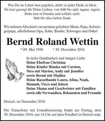 Traueranzeige von Bernd Roland Wettin  von Magdeburger Volksstimme