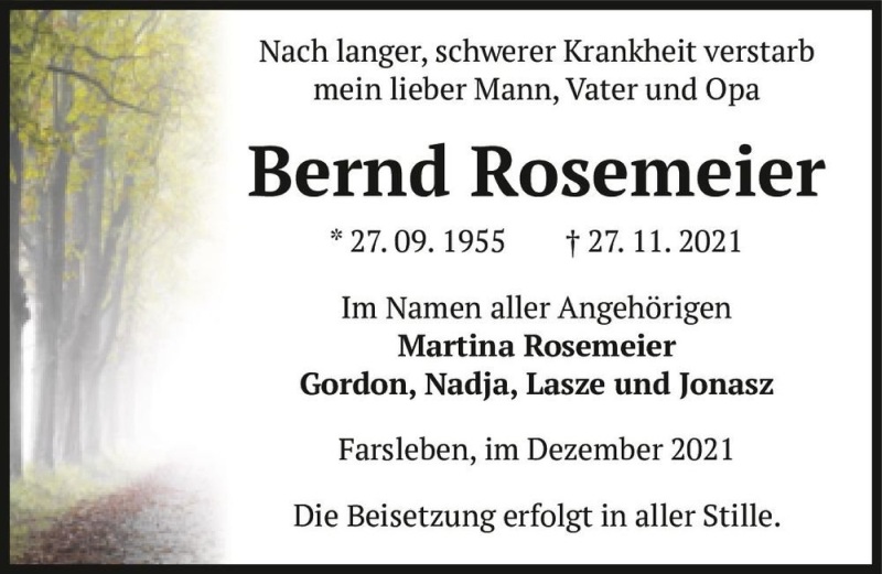  Traueranzeige für Bernd Rosemeier  vom 04.12.2021 aus Magdeburger Volksstimme