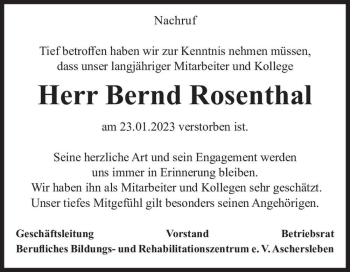 Traueranzeige von Bernd Rosenthal  von Magdeburger Volksstimme
