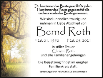 Traueranzeige von Bernd Roth  von Magdeburger Volksstimme