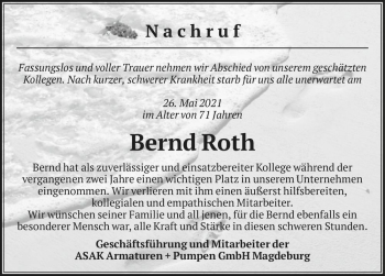 Traueranzeige von Bernd Roth  von Magdeburger Volksstimme