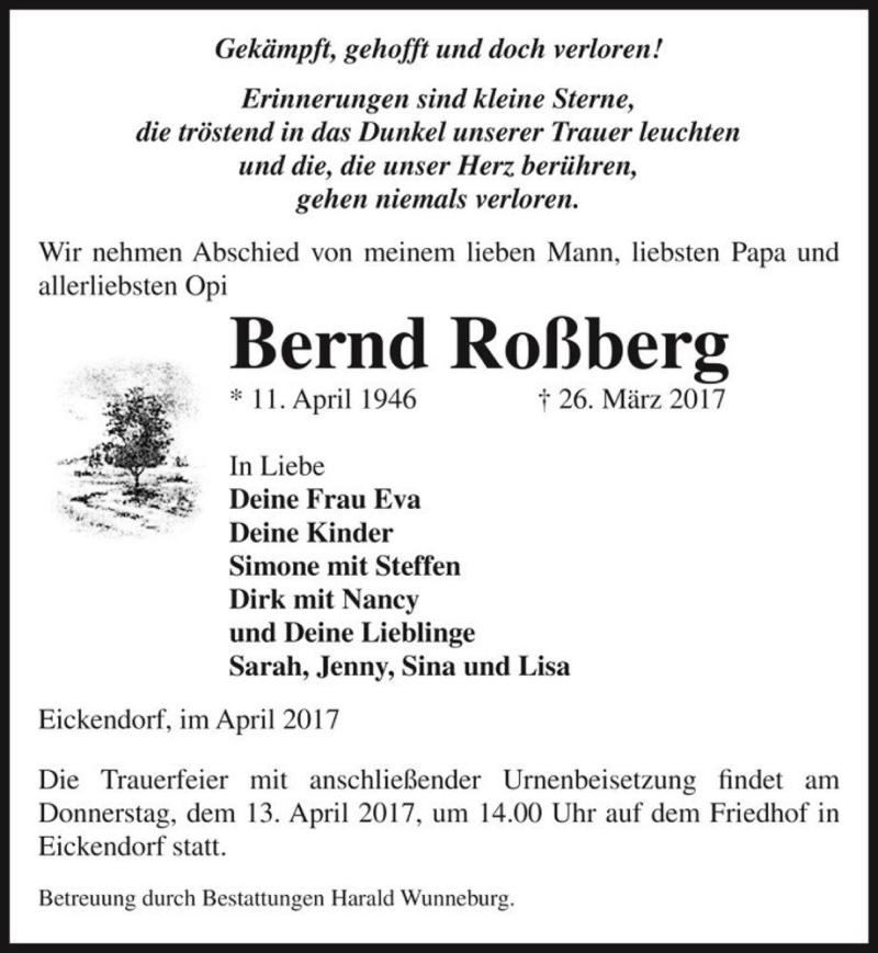  Traueranzeige für Bernd Roßberg  vom 01.04.2017 aus Magdeburger Volksstimme