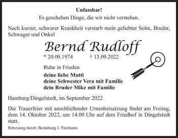 Traueranzeige von Bernd Rudloff  von Magdeburger Volksstimme