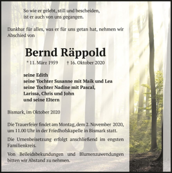 Traueranzeige von Bernd Räppold  von Magdeburger Volksstimme