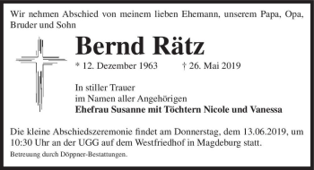Traueranzeige von Bernd Rätz  von Magdeburger Volksstimme