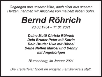 Traueranzeige von Bernd Röhrich  von Magdeburger Volksstimme