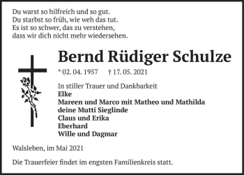 Traueranzeige von Bernd Rüdiger Schulze  von Magdeburger Volksstimme