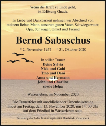 Traueranzeige von Bernd Sabaschus  von Magdeburger Volksstimme