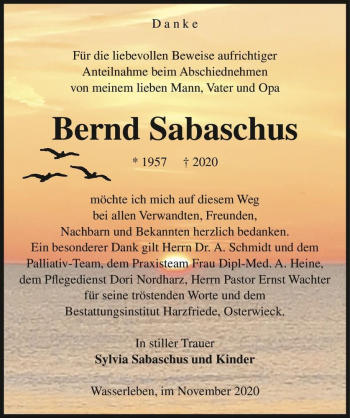 Traueranzeige von Bernd Sabaschus  von Magdeburger Volksstimme