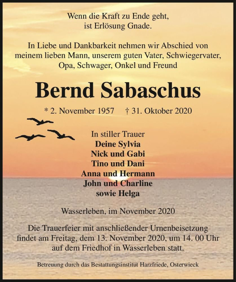  Traueranzeige für Bernd Sabaschus  vom 07.11.2020 aus Magdeburger Volksstimme