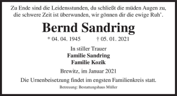 Traueranzeige von Bernd Sandring  von Magdeburger Volksstimme