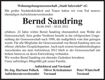 Traueranzeige von Bernd Sandring  von Magdeburger Volksstimme