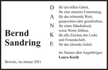 Traueranzeige von Bernd Sandring  von Magdeburger Volksstimme