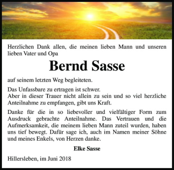 Traueranzeige von Bernd Sasse  von Magdeburger Volksstimme
