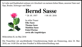 Traueranzeige von Bernd Sasse  von Magdeburger Volksstimme