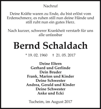 Traueranzeige von Bernd Schaldach  von Magdeburger Volksstimme