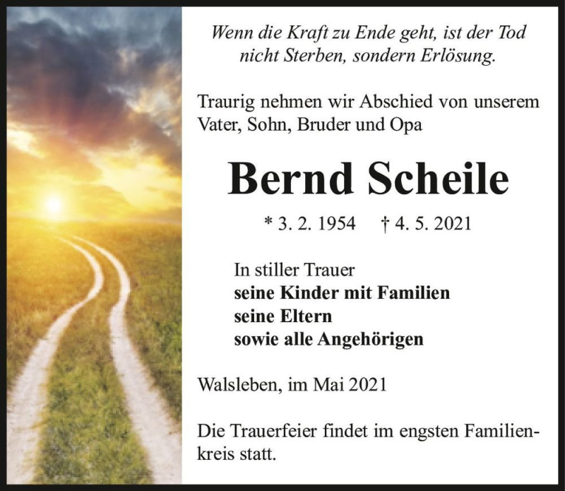  Traueranzeige für Bernd Scheile  vom 08.05.2021 aus Magdeburger Volksstimme