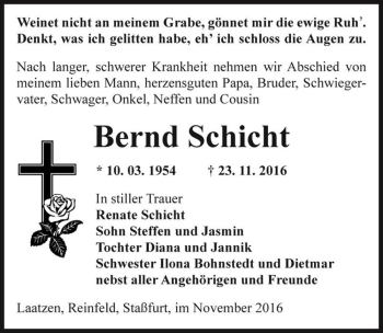 Traueranzeige von Bernd Schicht  von Magdeburger Volksstimme