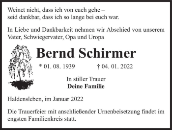 Traueranzeige von Bernd Schirmer  von Magdeburger Volksstimme