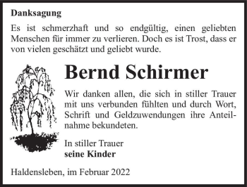 Traueranzeige von Bernd Schirmer  von Magdeburger Volksstimme