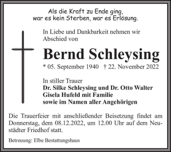 Traueranzeige von Bernd Schleysing  von Magdeburger Volksstimme