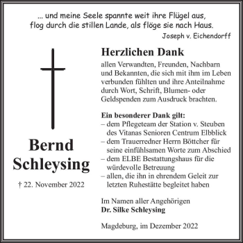 Traueranzeige von Bernd Schleysing  von Magdeburger Volksstimme
