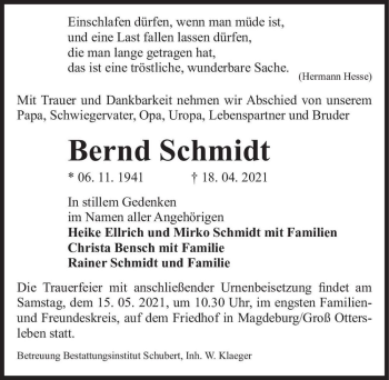 Traueranzeige von Bernd Schmidt  von Magdeburger Volksstimme