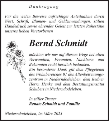 Traueranzeige von Bernd Schmidt  von Magdeburger Volksstimme